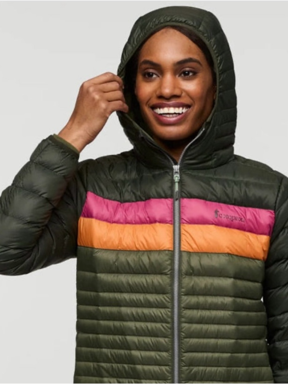 Cotopaxi Fuego Hooded Down Jacket | Olive Green with Pink & Orange | Small - Picture 3 of 8
